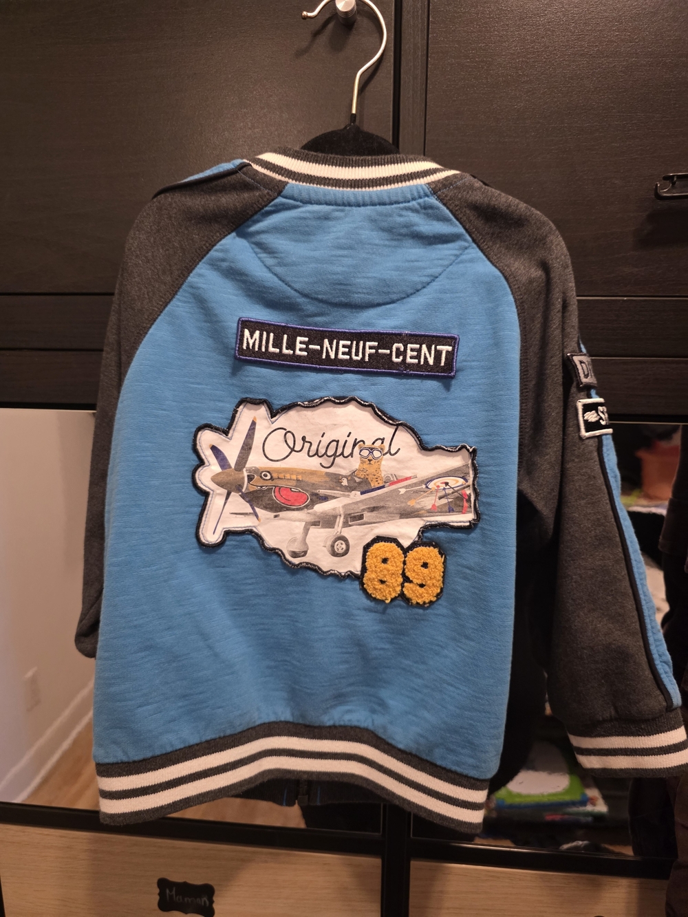 Kids Blue & Gray Bomber Sweatshirt with Airplane Patch